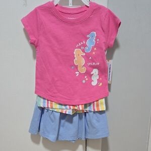 2 Sets Pink Seahorse Graphic Tee and Blue Skirt Set And Strips Pants